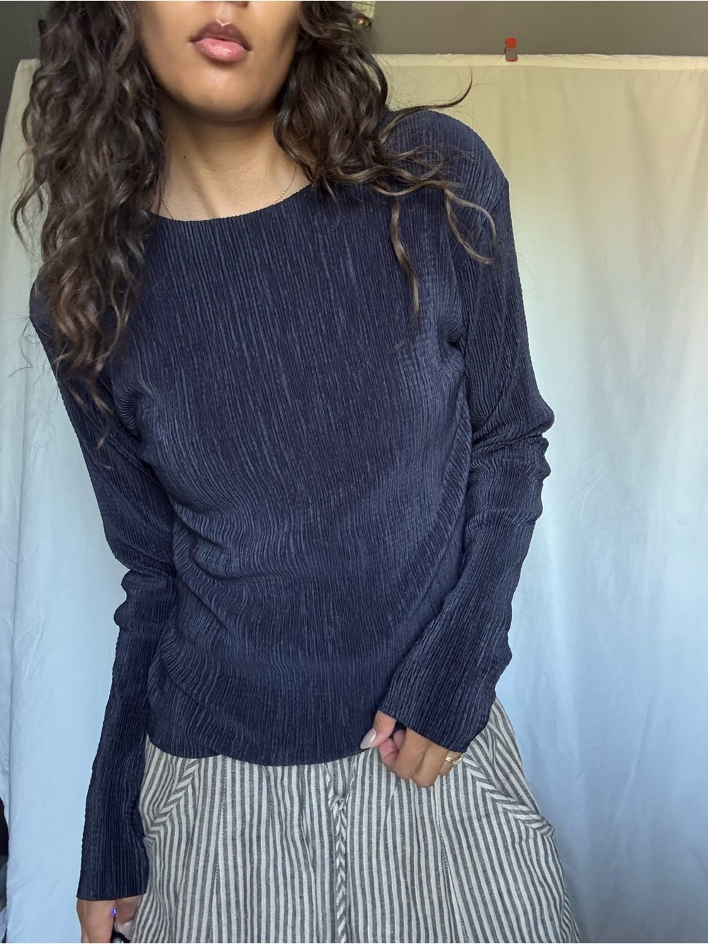 Woo to See You Navy Pleated Long Sleeve Top